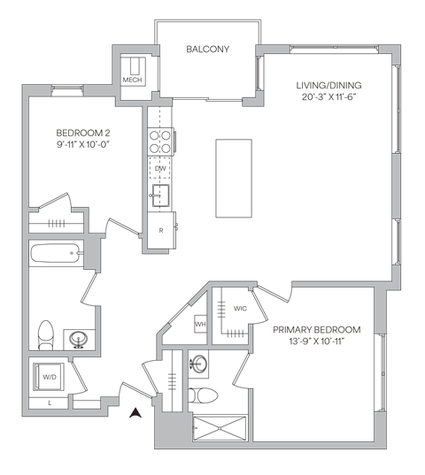 Floorplan of a 2 bedroom 2 bath apartment with a balcony
